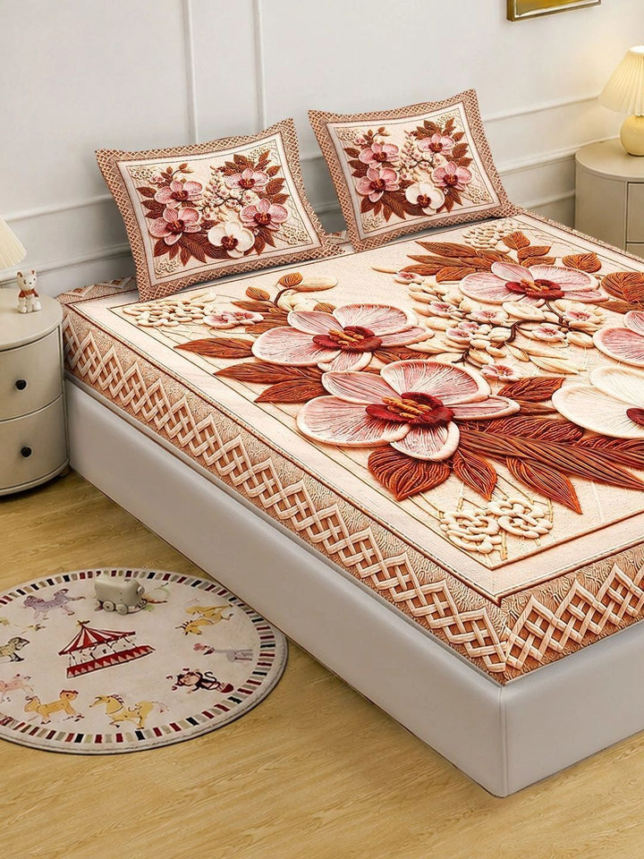 KLOTTHE Beige & Brown Floral 400 TC King Bedsheet with 2 Pillow Covers