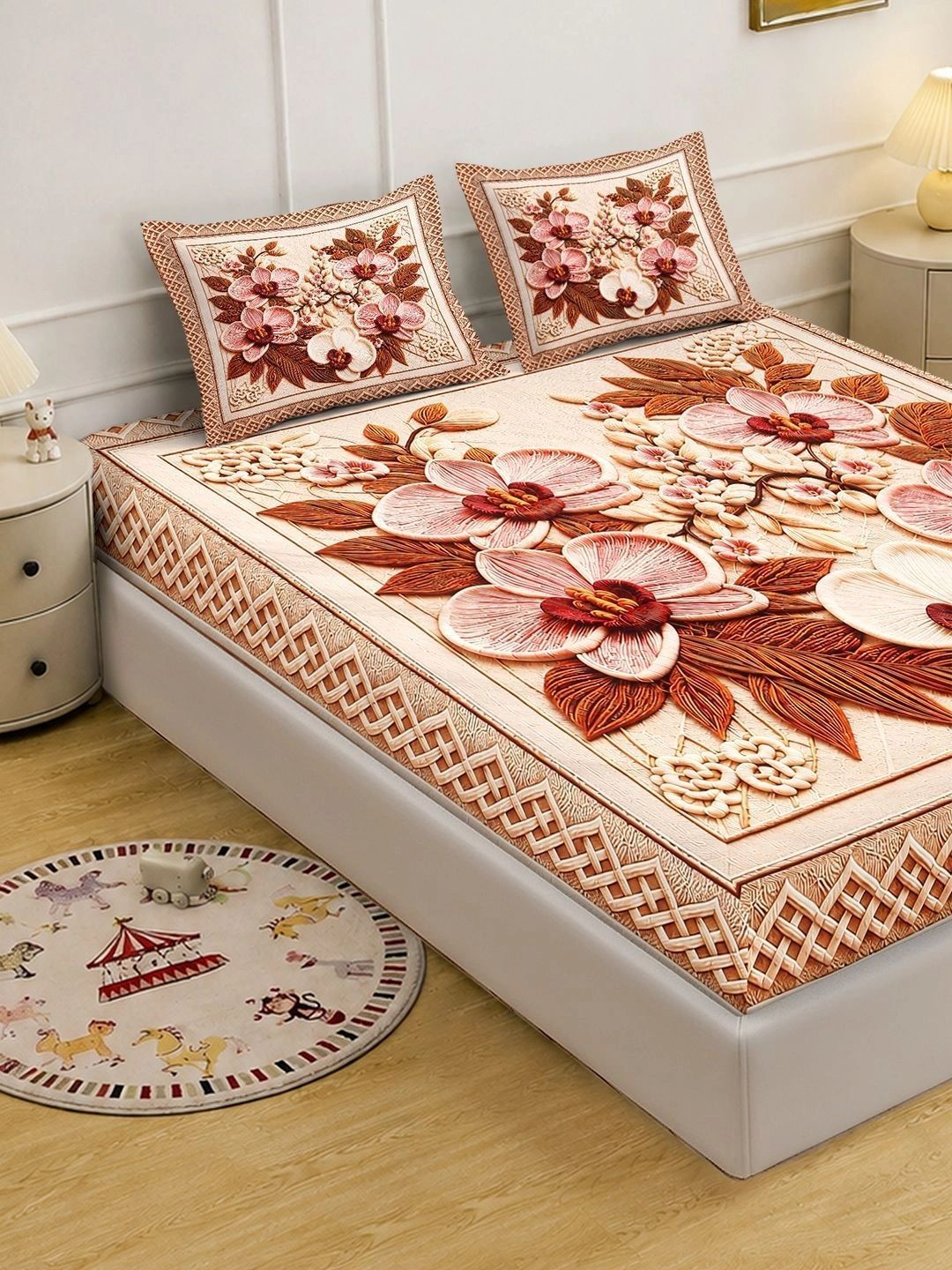 KLOTTHE Beige & Brown Floral 400 TC King Bedsheet with 2 Pillow Covers