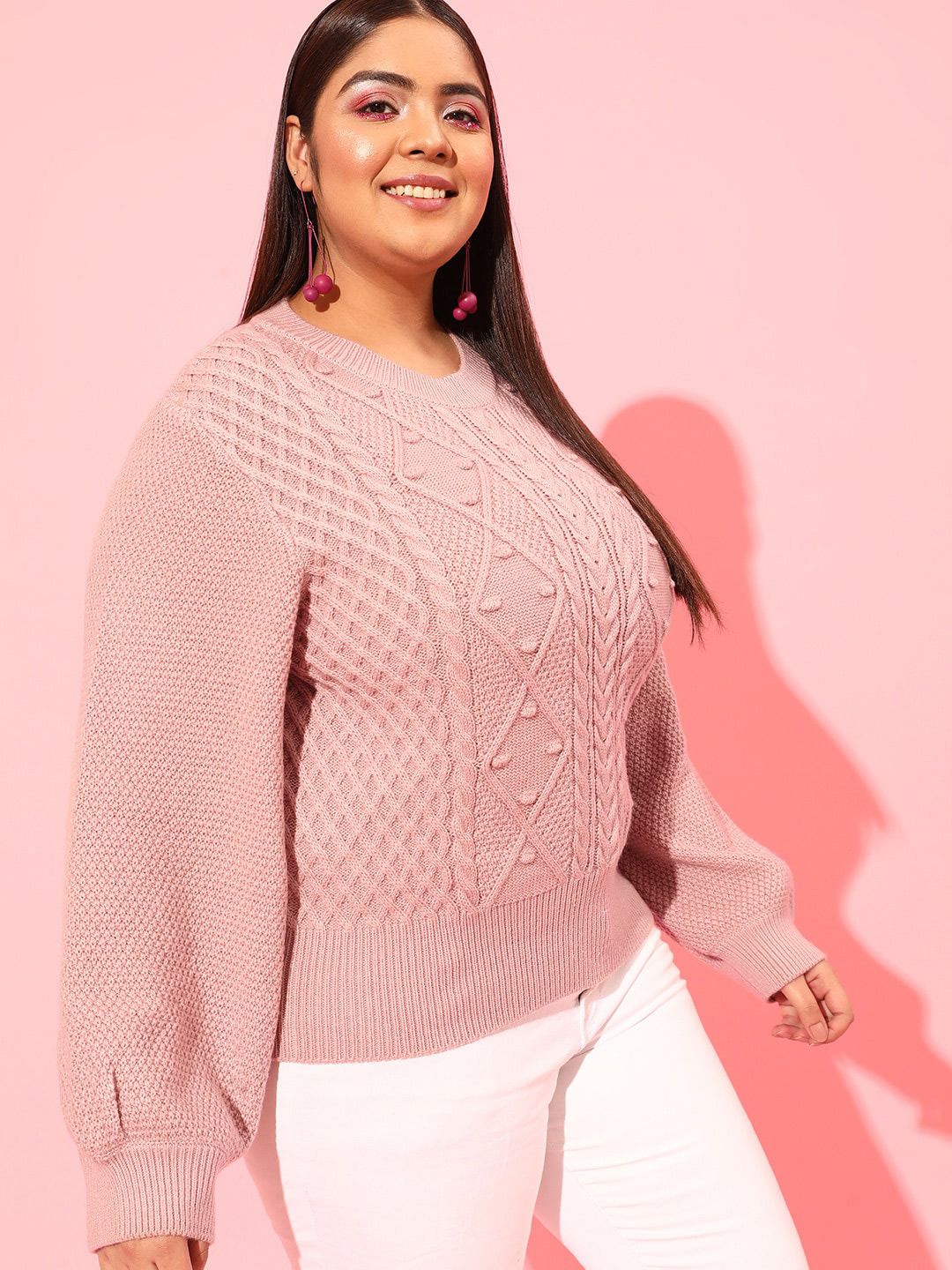 Curvy Street Plus Women Women Pink Cable Knit Acrylic Pullover