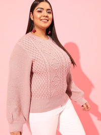 Curvy Street Plus Women Women Pink Cable Knit Acrylic Pullover