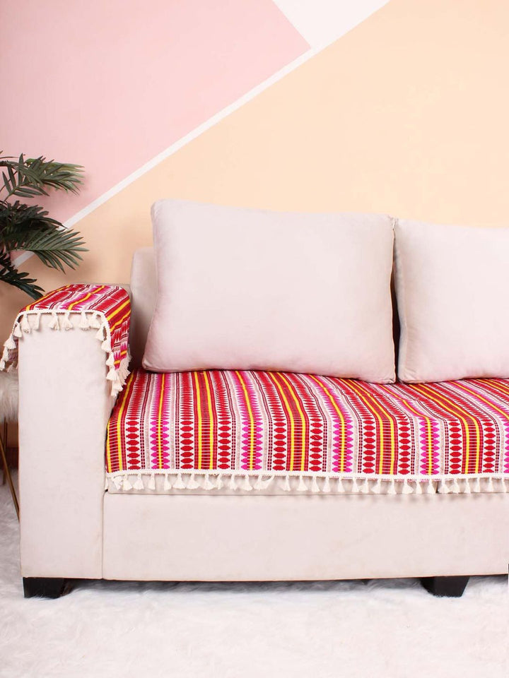 STITCHNEST Red & Pink Self Design Jacquard 2-Seater Sofa Cover