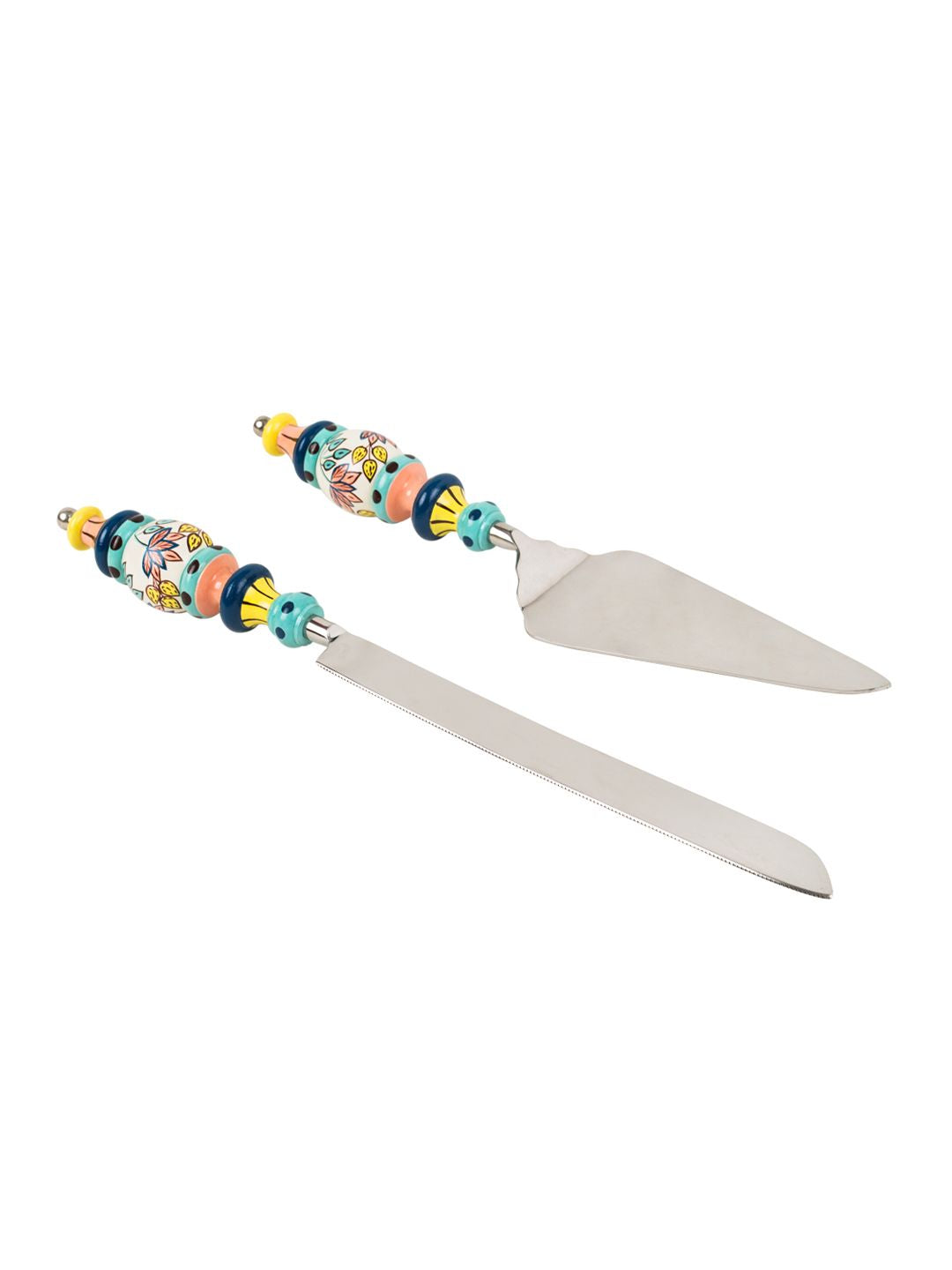 Chumbak Blue & Green Set Of 2 Floral Printed Hand-painted Stainless Steel Cake Server Set