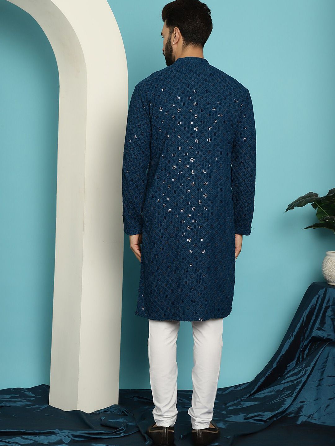 SOJANYA Geometric Embroidered Mandarin Collar Long Sleeves Pure Cotton Kurta With Churidar