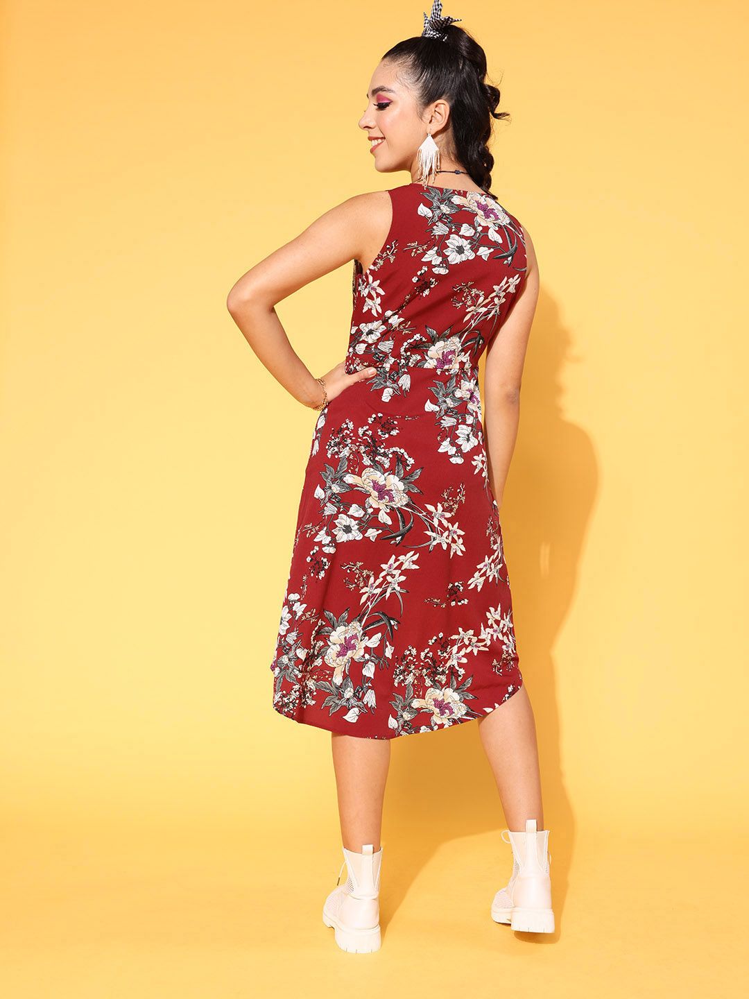 Berrylush Maroon Floral A-Line Dress