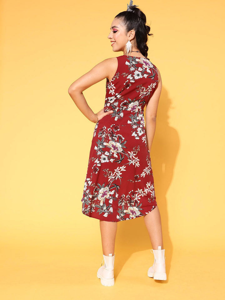 Berrylush Maroon Floral A-Line Dress