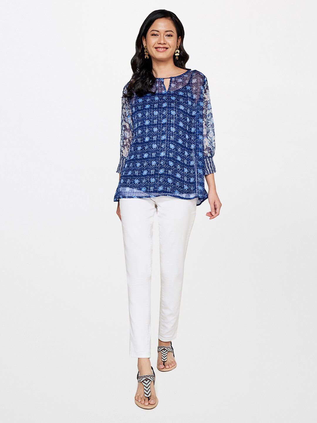 Global Desi Women Blue Floral Printed Keyhole Neck Top