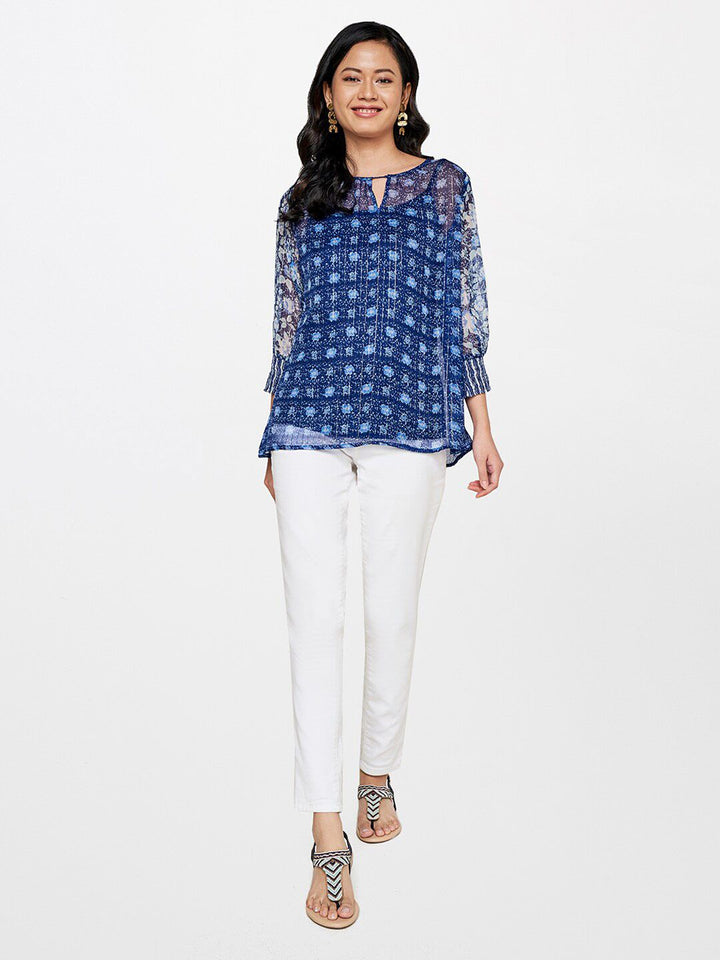 Global Desi Women Blue Floral Printed Keyhole Neck Top