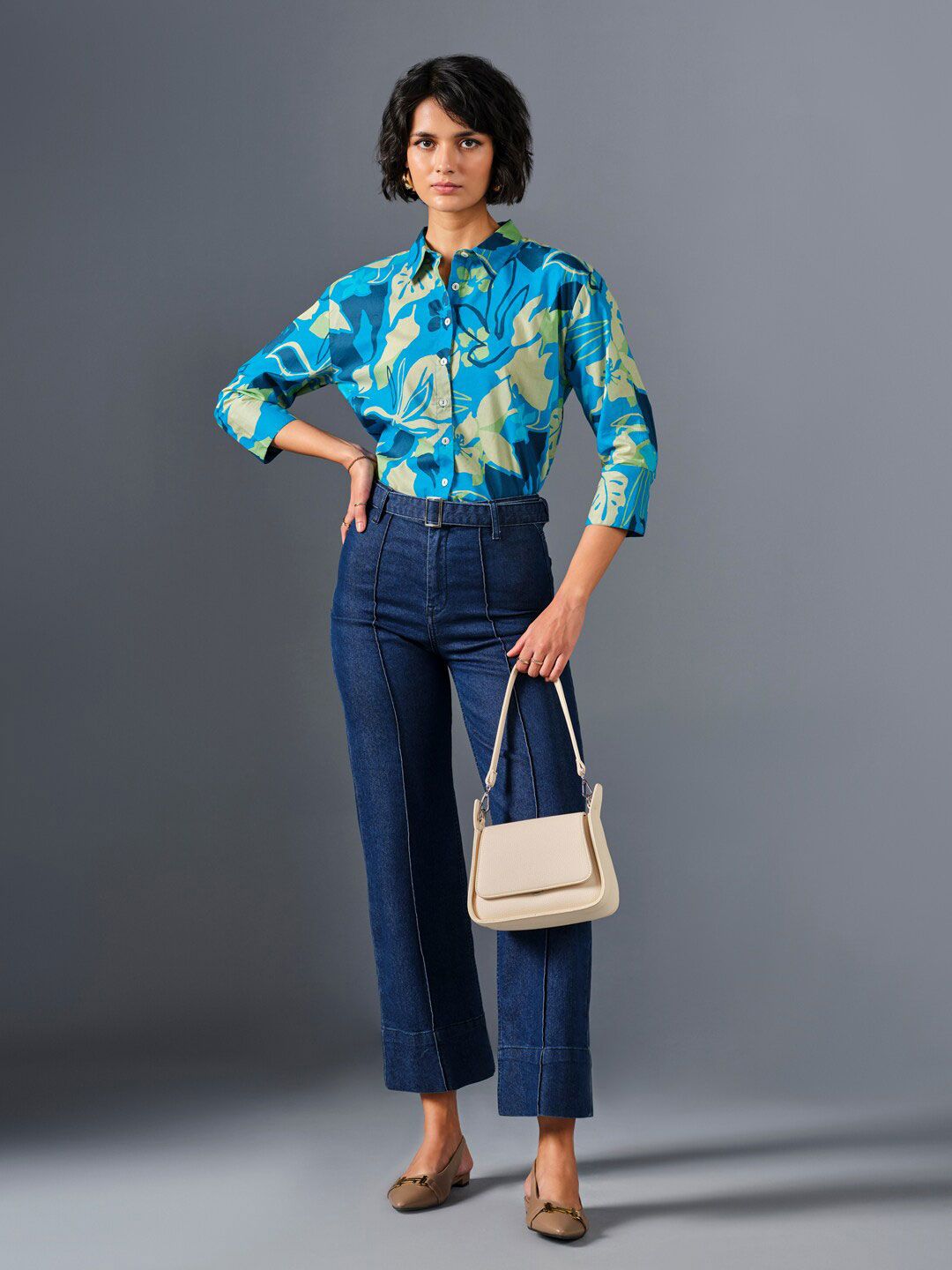 AND Floral Printed Shirt Collar Cuffed Sleeves Pure Cotton Shirt Style Top