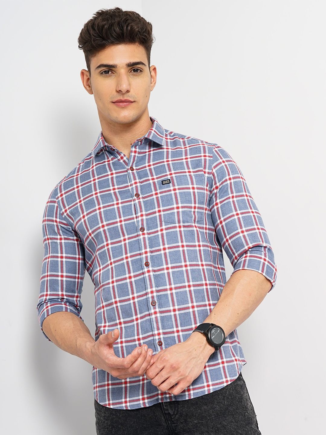 The Indian Garage Co Spread Collar Classic Slim Fit Tartan Checked Casual Cotton Shirt
