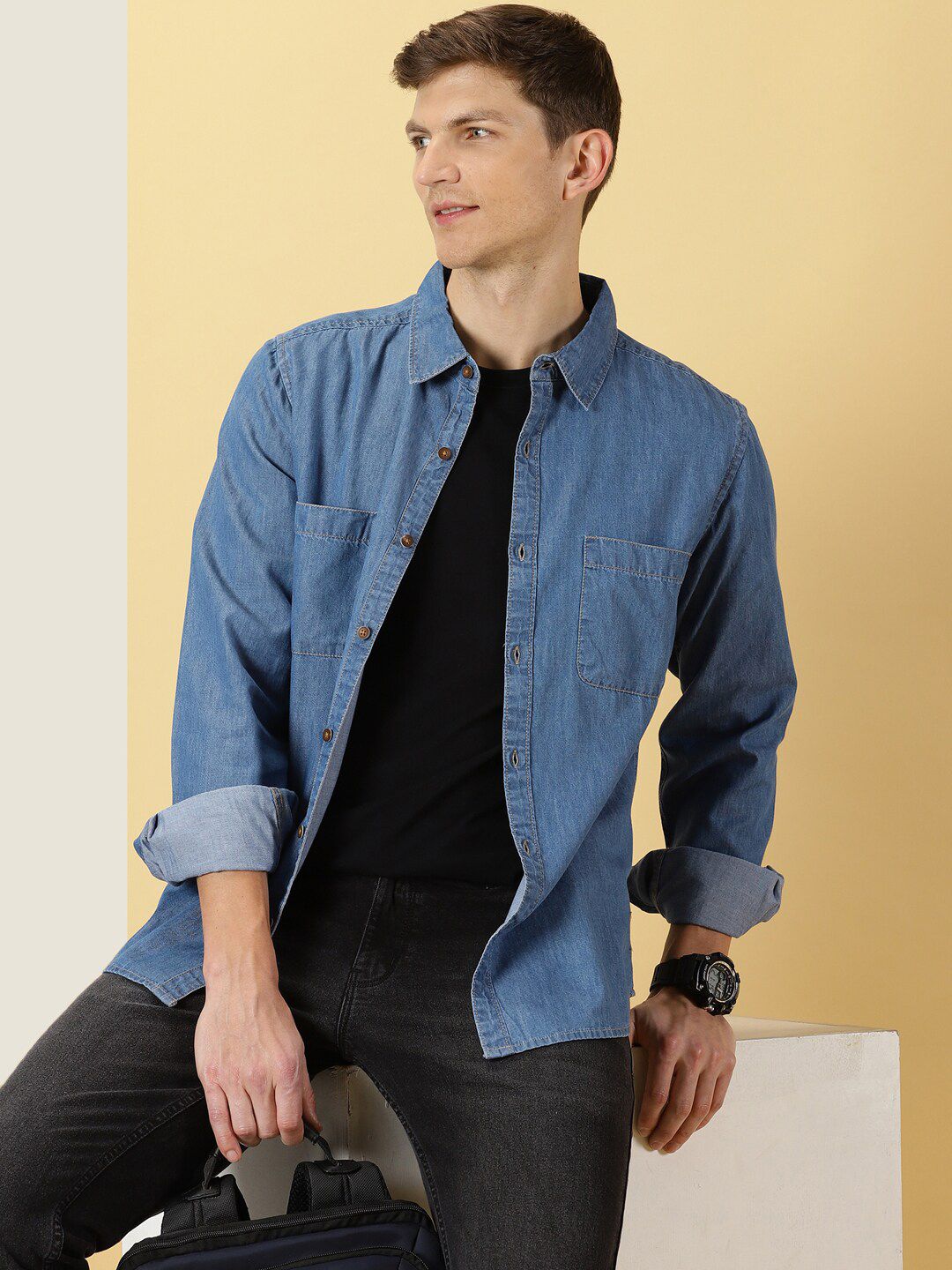 Thomas Scott Smart Slim Fit Denim Spread Collar Long Sleeves Cotton Casual Overdyed Shirt