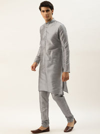 SOJANYA Men Grey Kurta with Churidar And Nehru Jacket