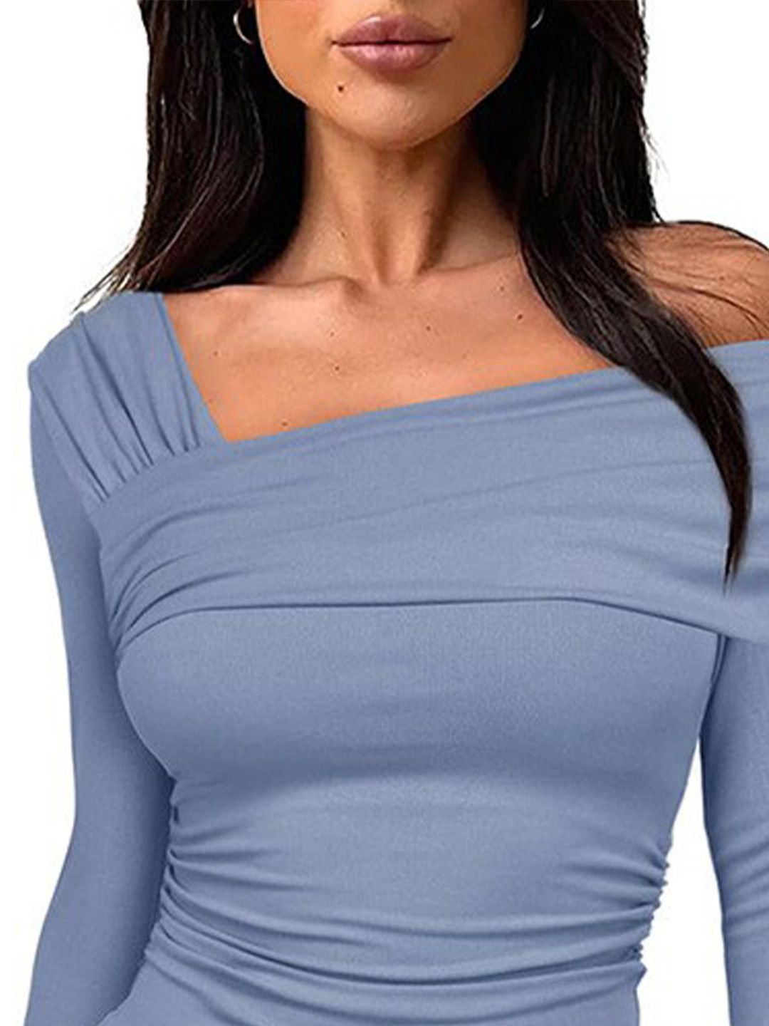 all about you Blue Asymmetric Neck Gathered Detailed Fitted Crop Top