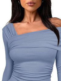 all about you Blue Asymmetric Neck Gathered Detailed Fitted Crop Top