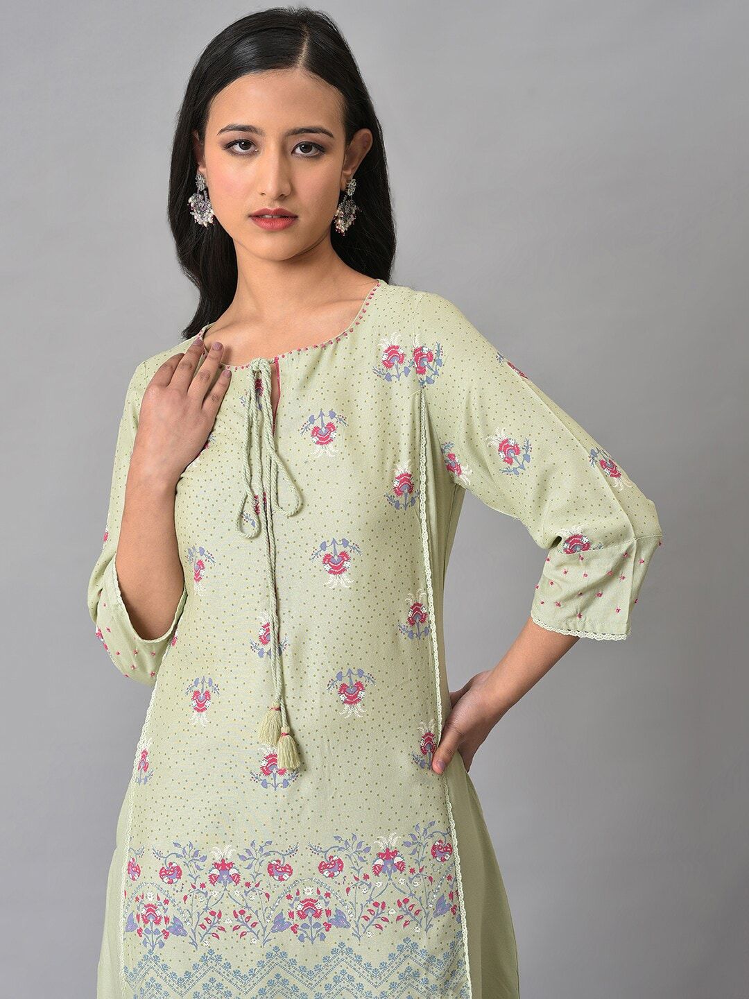 W Women Floral Printed Tie-Up Neck Kurta
