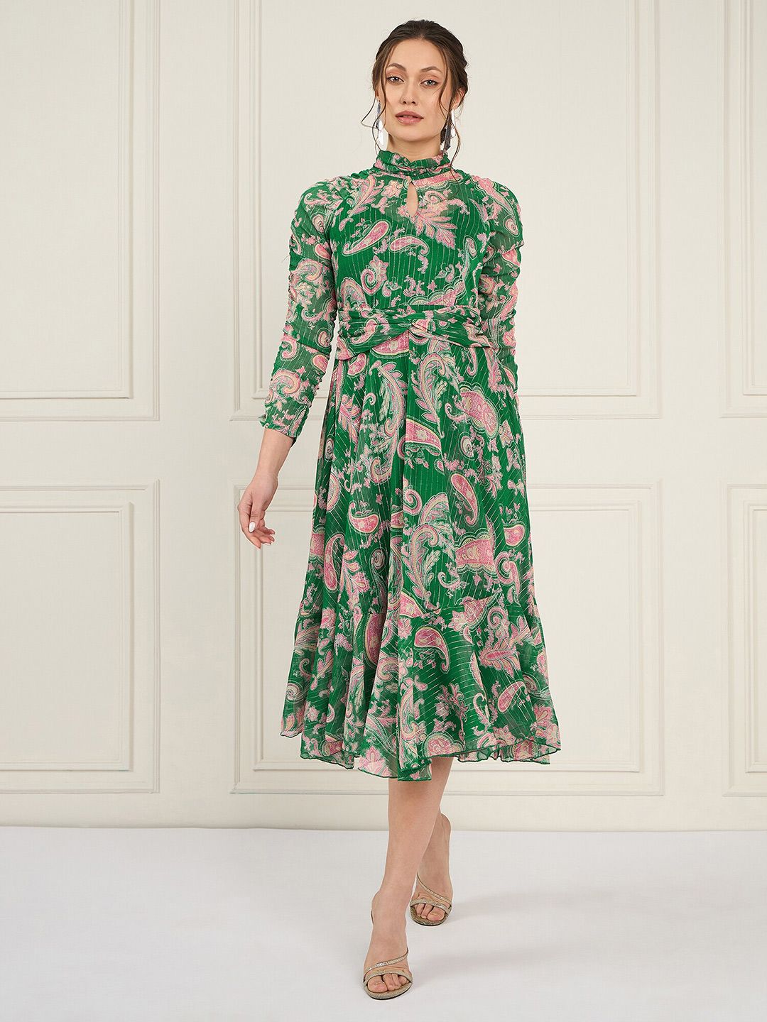 Antheaa Floral Printed Chiffon High Neck Fit & Flare Midi Dress