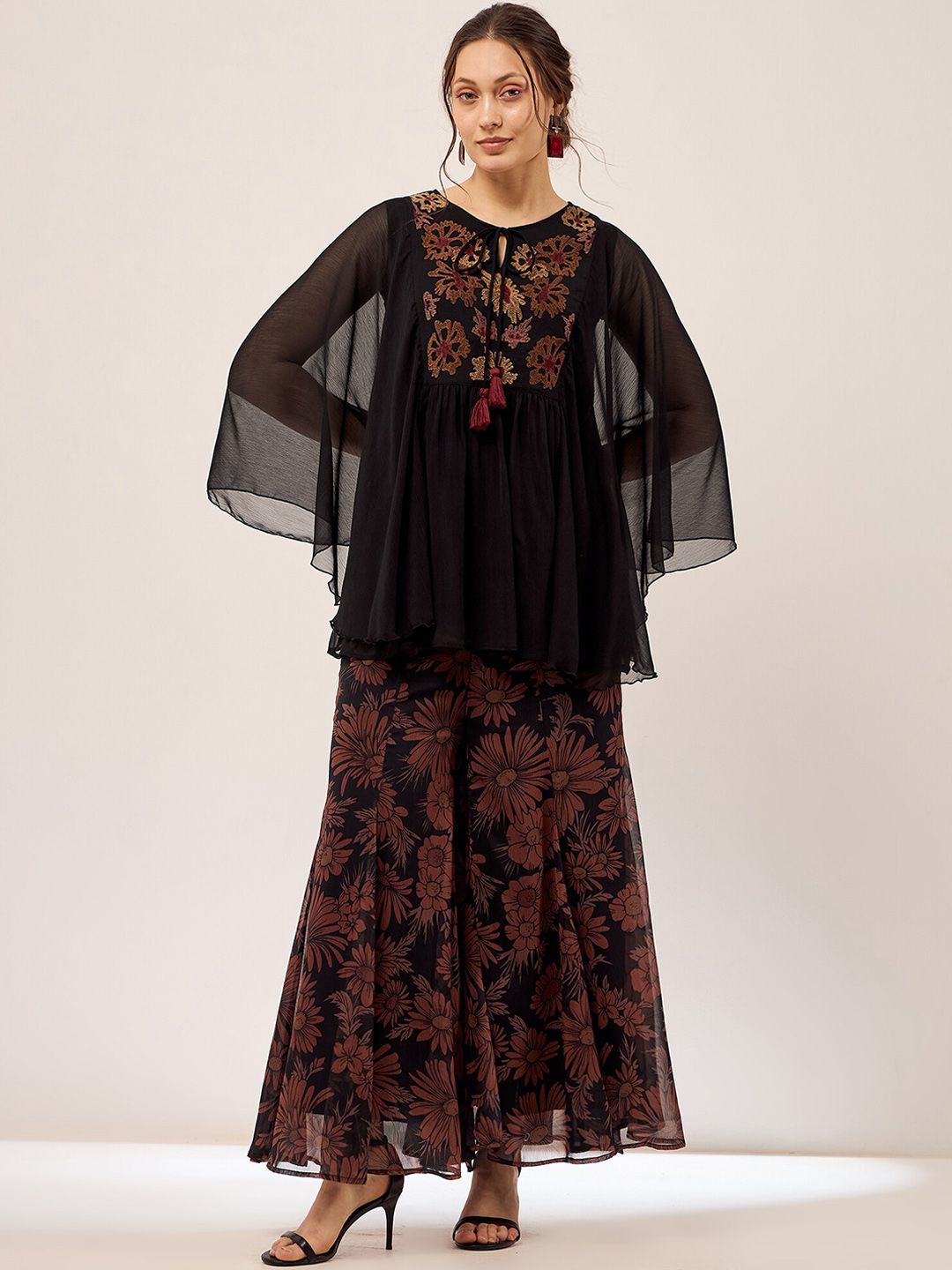 Antheaa Black Embroidered Top With Palazzo