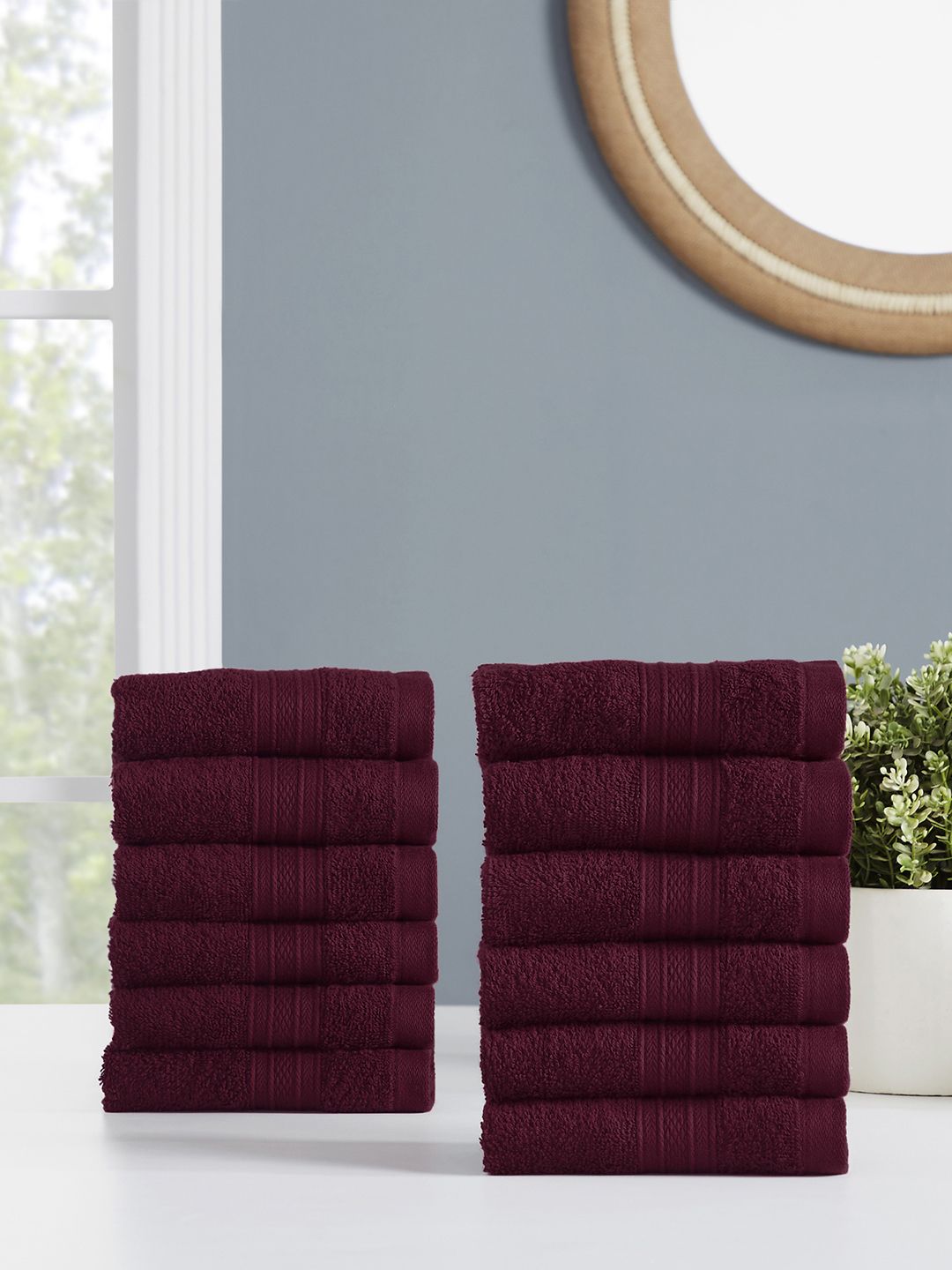 MYTRIDENT Set of 12 Burgundy 500 GSM Striped Cotton Face Towels