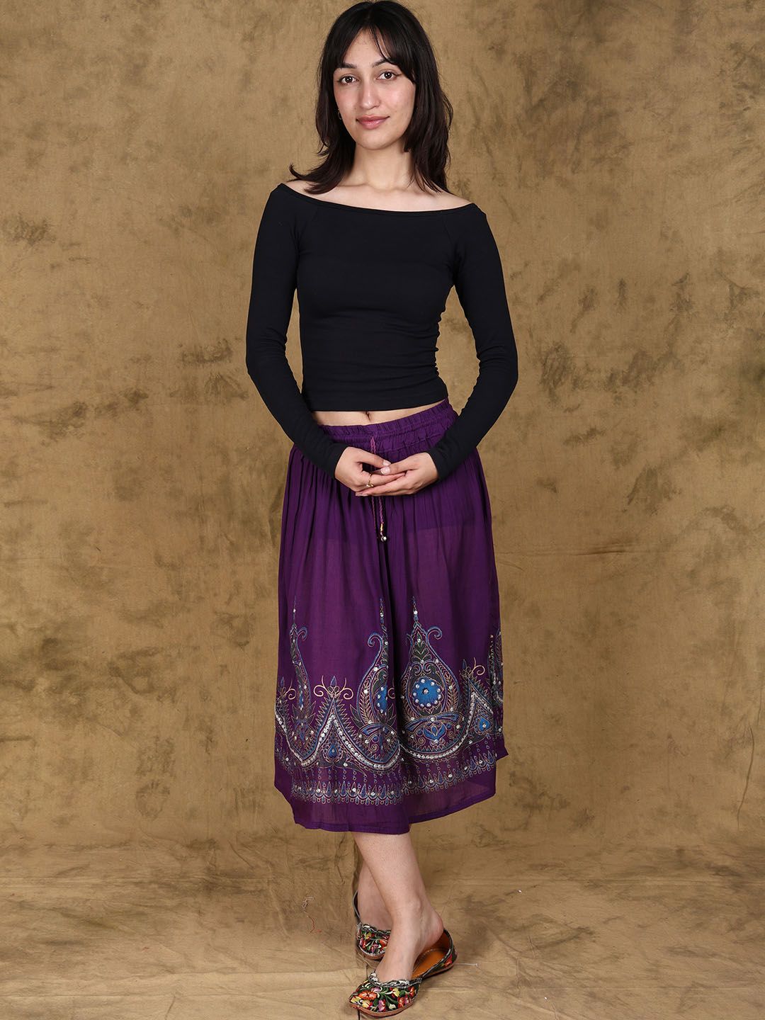 Exotic India Printed Flared Midi Skirts