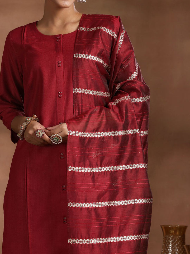 Libas Round Neck Pleated Straight Kurta with Trousers & Dupatta