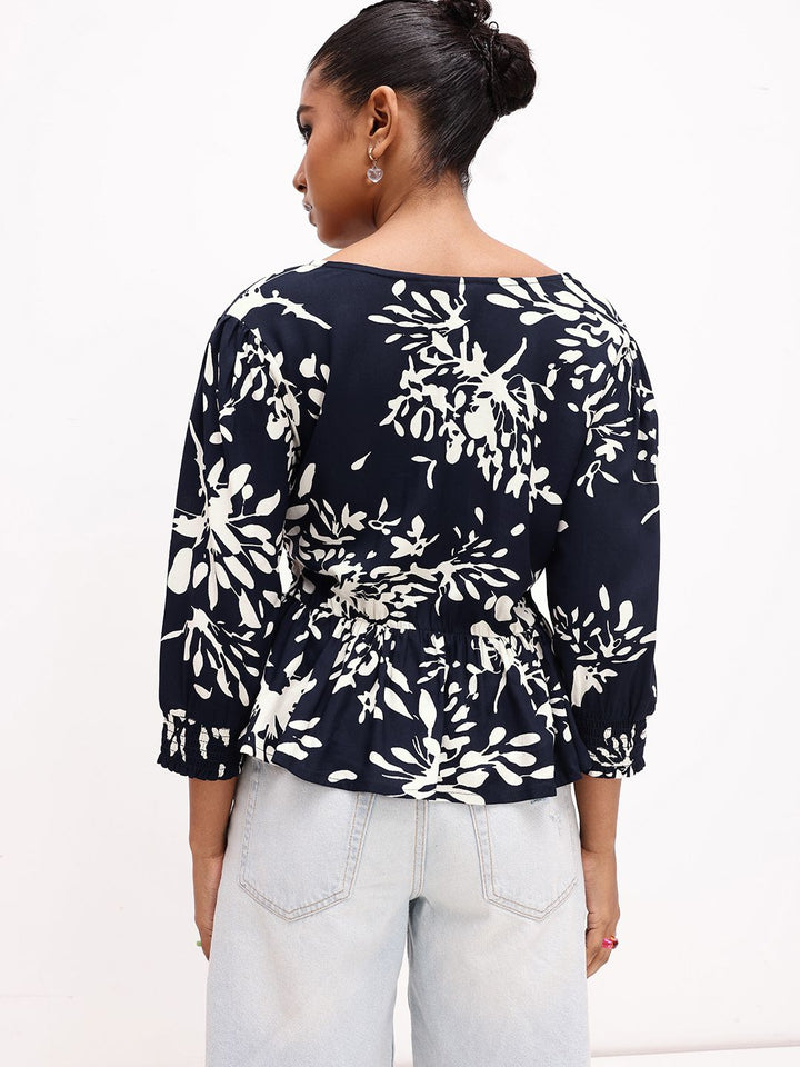 DressBerry Vacation-Inspired Tropical Print V-Neck Peplum Top