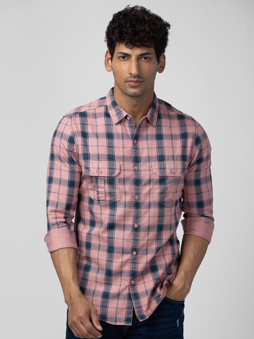 Spykar Men Slim Fit Tartan Memeriksa Baju Kapas Kasual