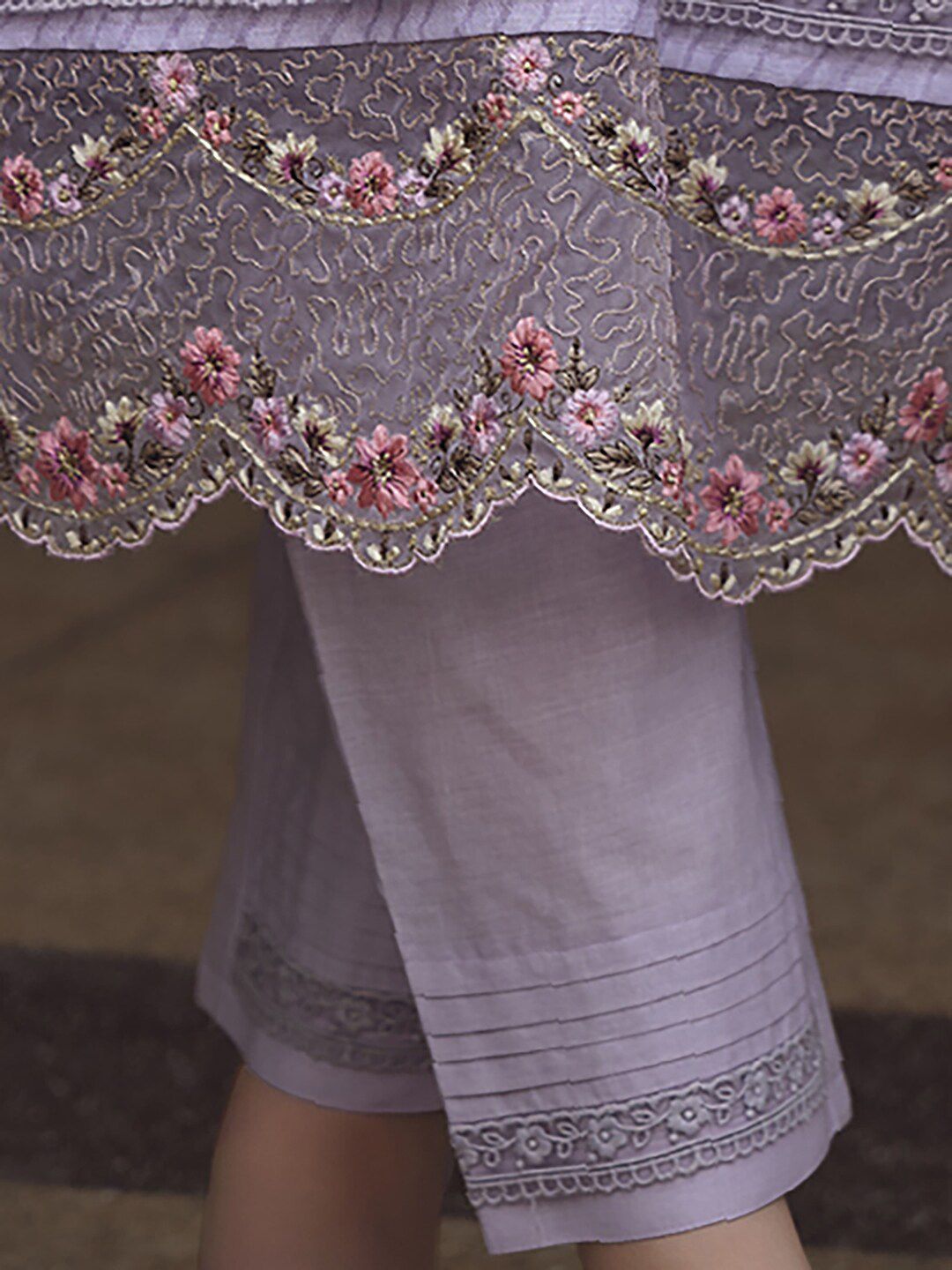 Indo Era Lavender & Pink Floral Embroidered Thread Work Linen Kurta Set