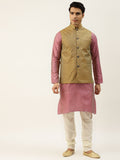 SOJANYA Kurta Motif Etnik Merah Jambu & Emas Lelaki dengan Jaket Churidar & Nehru