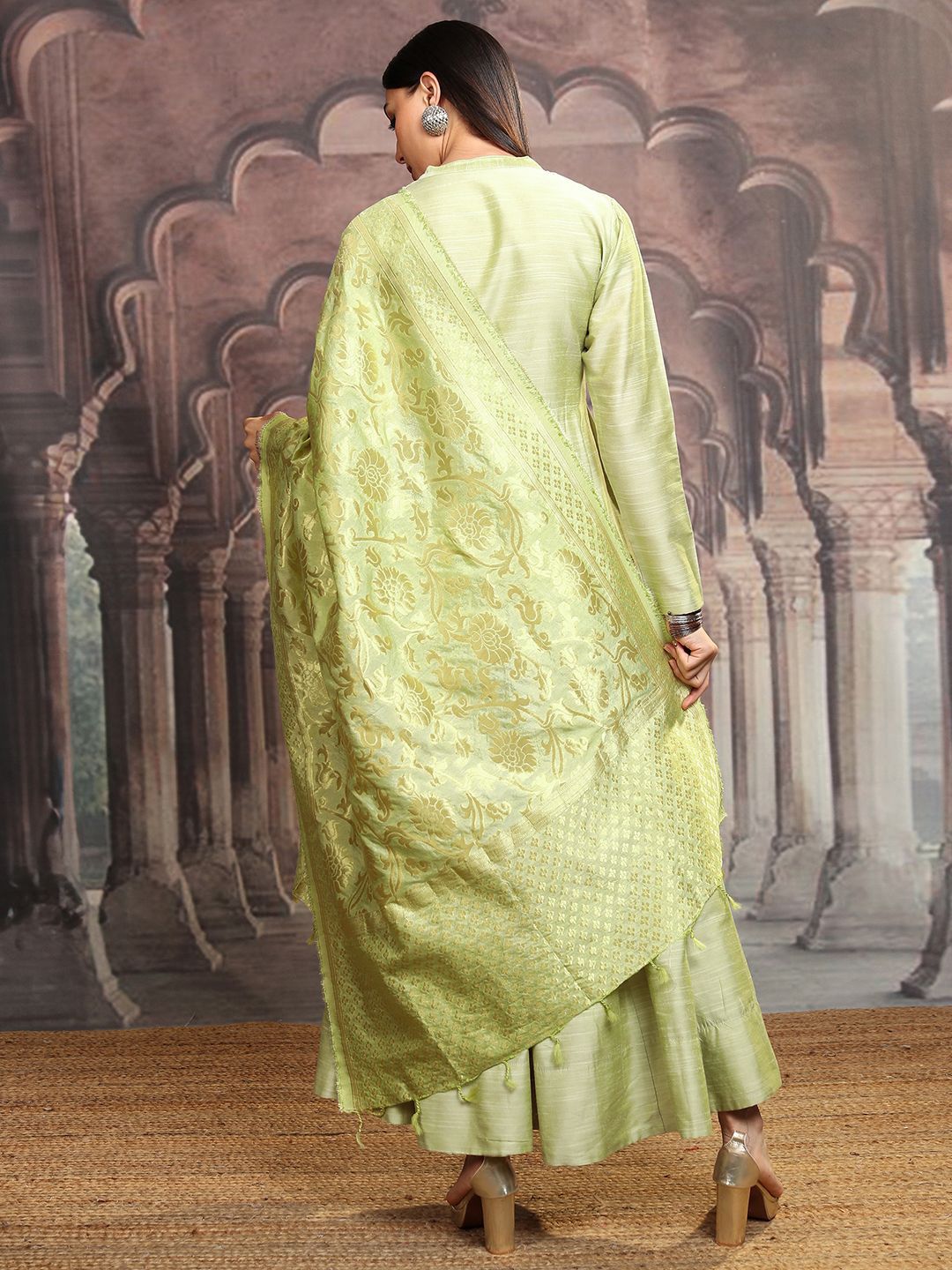 Vishudh Lime Green Mandarin Collar Gathered Or Pleated Cotton Maxi Dress With Dupatta