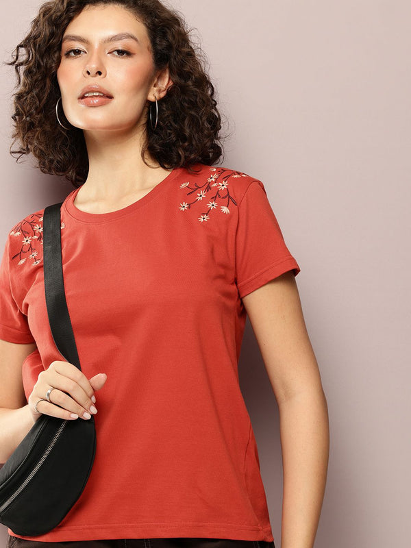 DILLINGER Women Boxy Regular Embroidery Crew Neck Tshirt