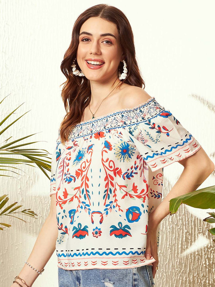 Berrylush White Tribal New Neckline Top