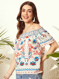 Berrylush White Tribal New Neckline Top