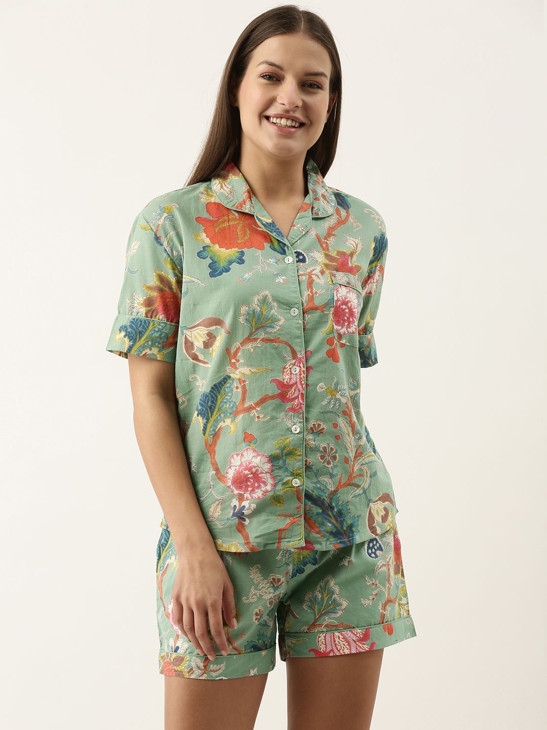 SANSKRUTIHOMES Women Green & Orange Printed Cotton Night suit