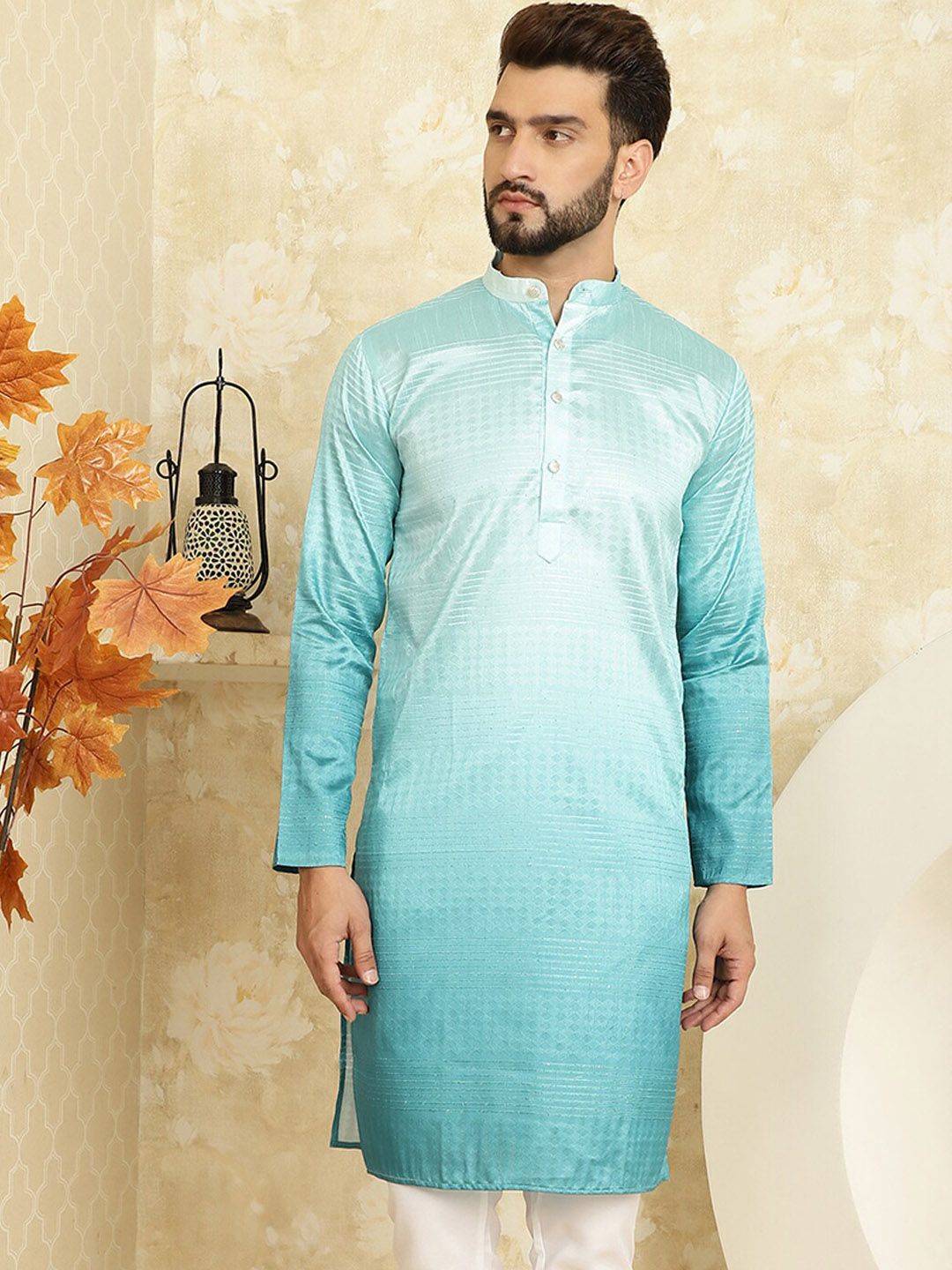 SOJANYA Mandarin Collar Silk Cotton Jacquard Kurta