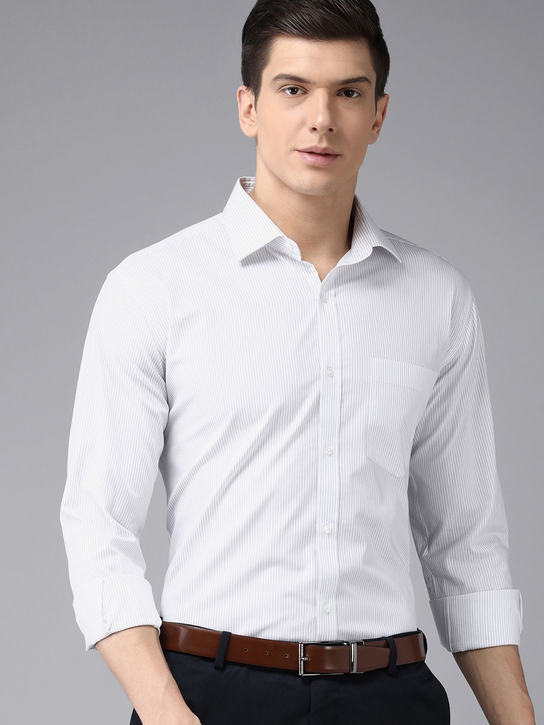 Park Avenue Men White & Grey Slim Fit Striped Formal Shirt