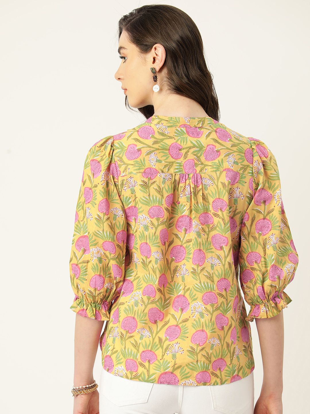 Antheaa Floral Print Mandarin Collar Puff Sleeve Cotton Top