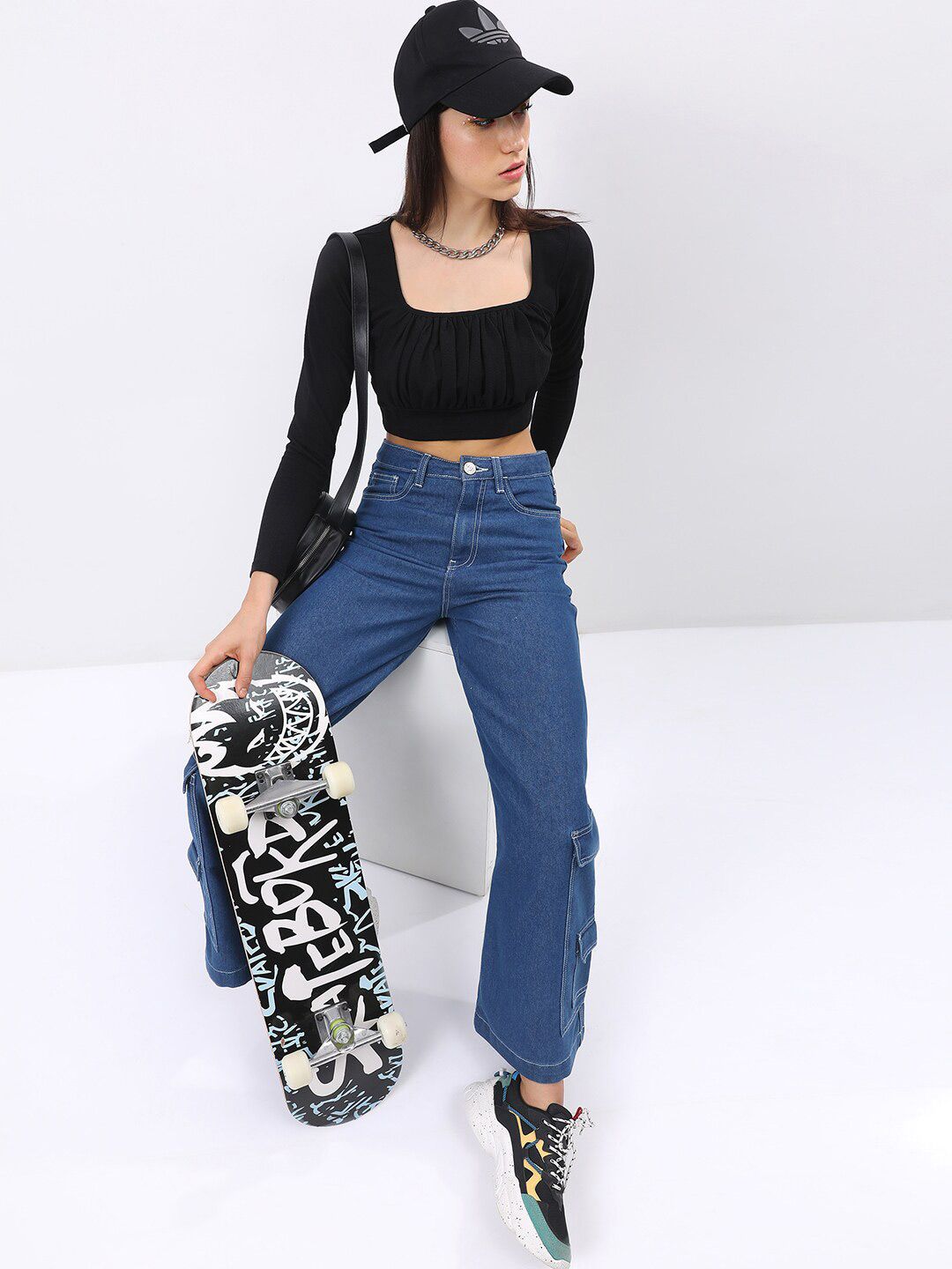 Tokyo Talkies Black Square Neck Ruched Blouson Crop Top