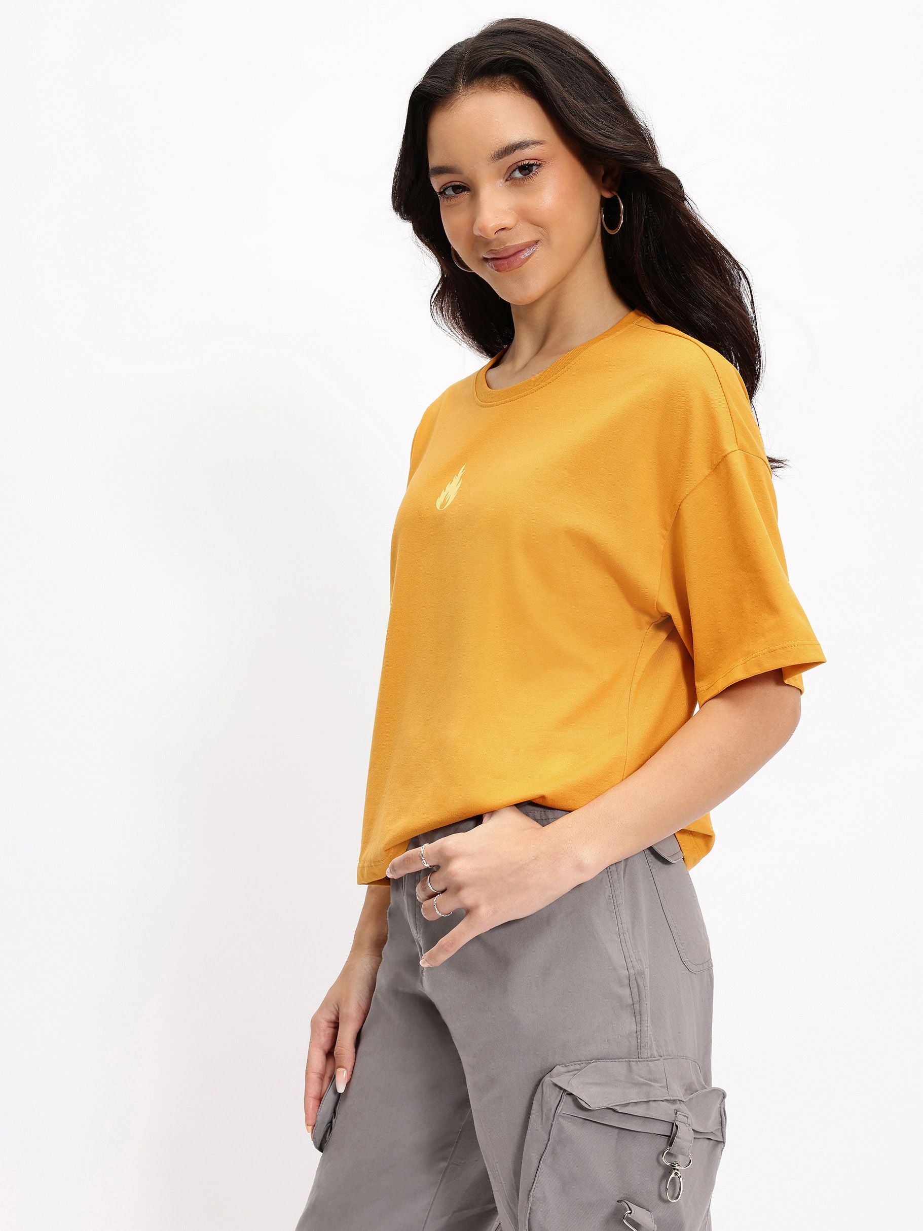 DressBerry Illuminating Yellow Drop-Shoulder Crop T-shirt