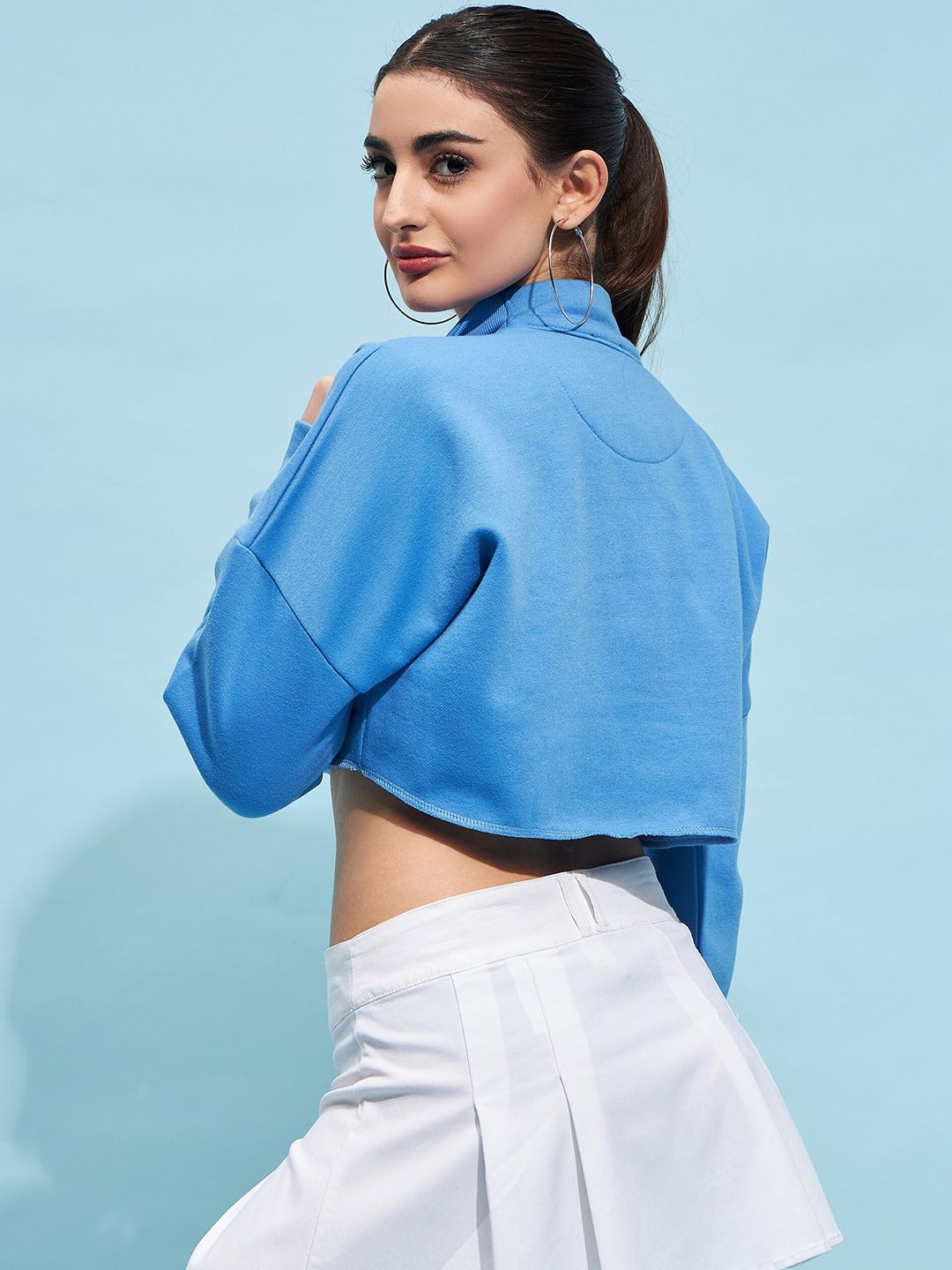 STREET 9 Blue Mock Collar Pure Cotton Crop Sweatshirt