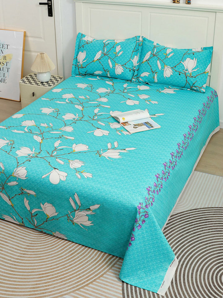 Story@home Sea Green White Floral 144 TC Cotton 1 Queen Bedsheet with 2 Pillow Covers
