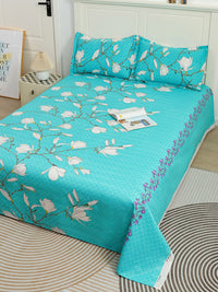 Story@home Sea Green White Floral 144 TC Cotton 1 Queen Bedsheet with 2 Pillow Covers