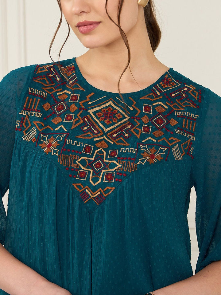 Antheaa Embroidered Chiffon A-Line Top