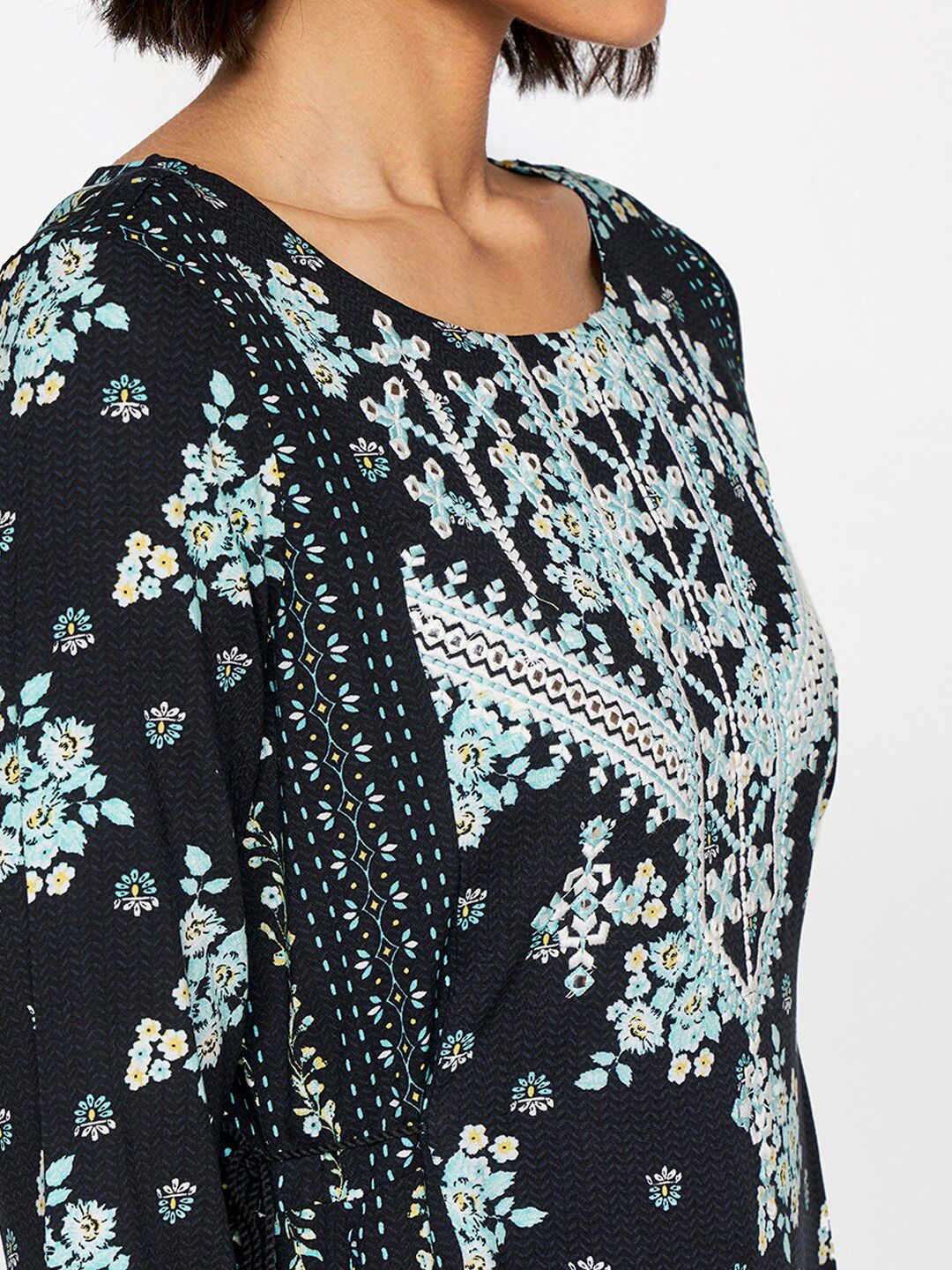 Global Desi Floral Printed Mirror Work A-Line Kurta