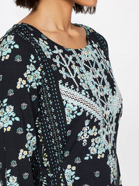Global Desi Floral Printed Mirror Work A-Line Kurta