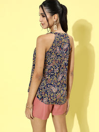 DressBerry Women Deep Navy Blue Floral Paisley Top