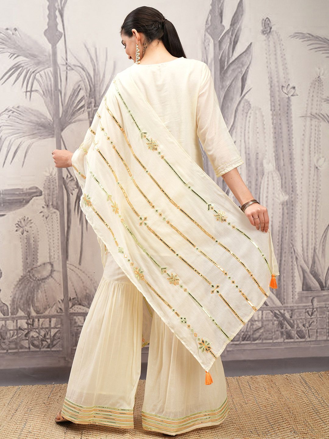 Vishudh Cream Ethnic Motifs Sequinned Pure Cotton Straight Kurta With Sharara & Dupatta