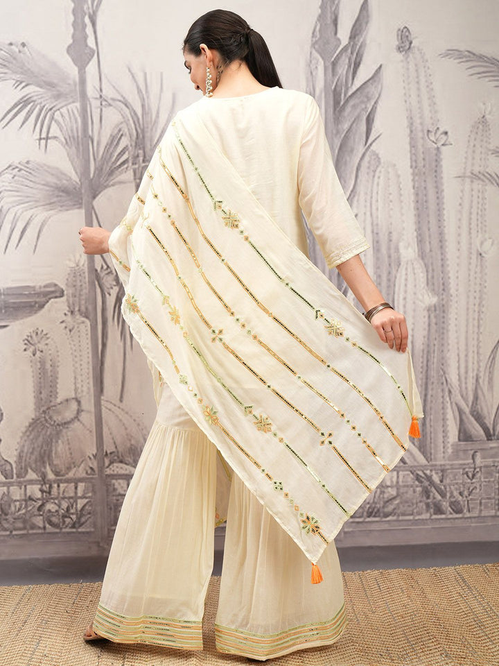 Vishudh Cream Ethnic Motifs Sequinned Pure Cotton Straight Kurta With Sharara & Dupatta