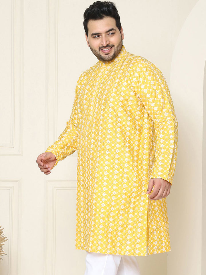 SOJANYA PLUS Lelaki Sawi Kuning & Putih Chikankari Sulam Kurta
