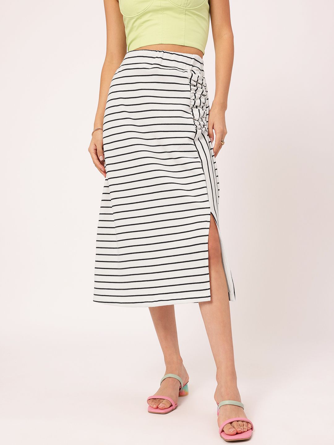 DressBerry Minimal Mono Side-Slit Comfy Cotton Striped Straight Skirt
