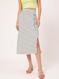 DressBerry Minimal Mono Side-Slit Comfy Cotton Striped Straight Skirt