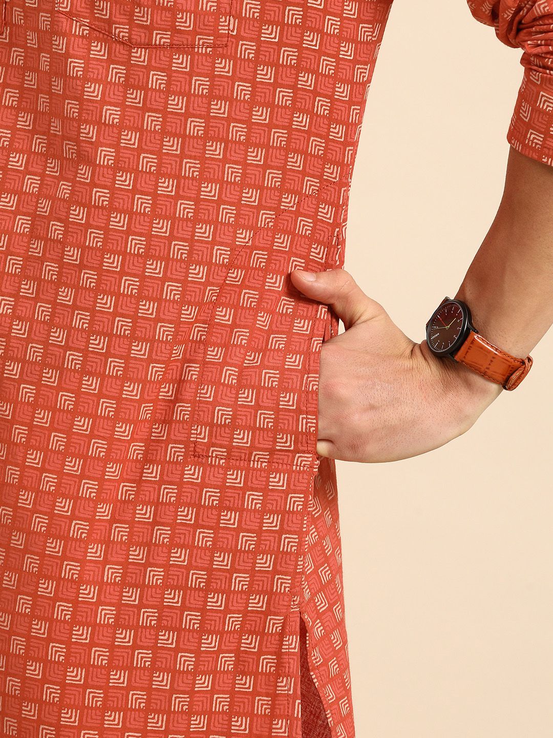 Anouk Men Rust Orange & Off White Geometric Printed Pure Cotton Kurta